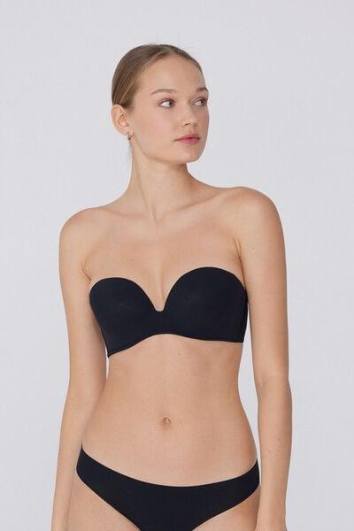 Black Padded Low-Cut Bandeau Bra, Black, medium