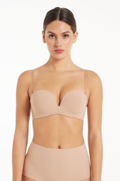 Beige Padded Low-Cut Bandeau Bra, , medium