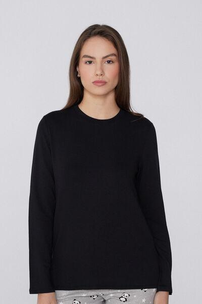 Black Long Sleeve Round Neck Plush Viscose Top, Black, large image number 0