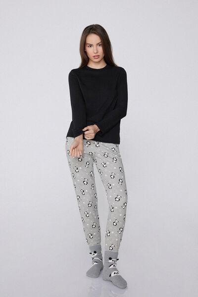 Black Long Sleeve Round Neck Plush Viscose Top, Black, large image number 1