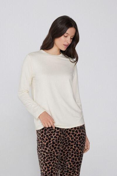 White Long Sleeve Round Neck Plush Viscose Top, Milk White, large image number 0
