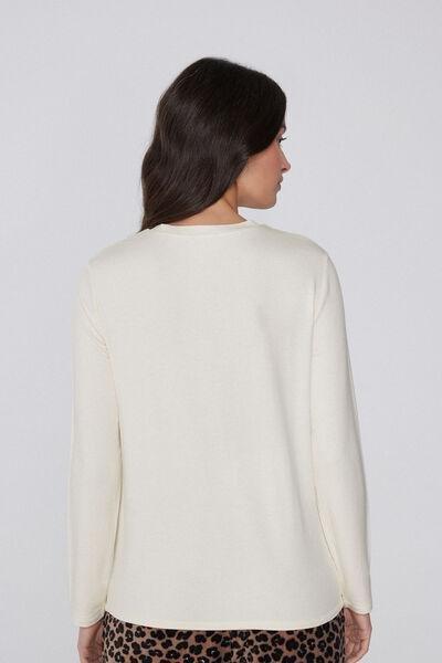 White Long Sleeve Round Neck Plush Viscose Top, Milk White, medium