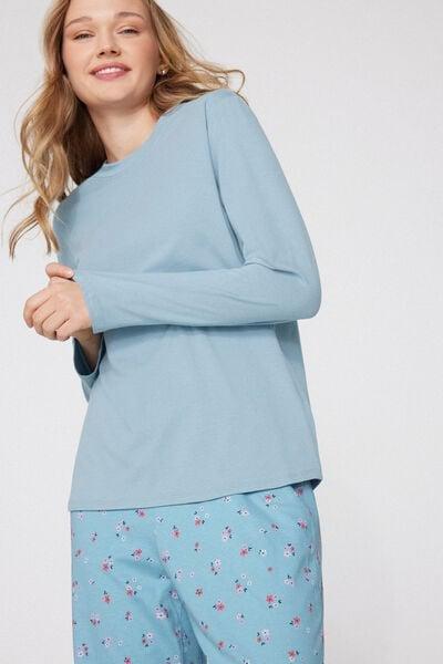 Blue Long-Sleeved Crew Neck Cotton And Modal Shirt, 5701_181Z, large image number 0