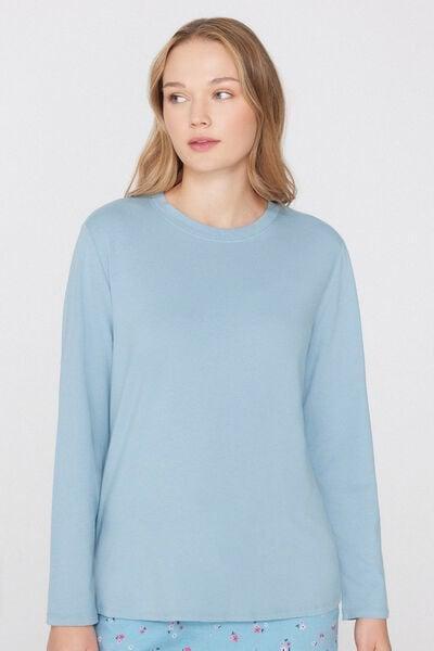 Blue Long-Sleeved Crew Neck Cotton And Modal Shirt, 5701_181Z, large image number 1