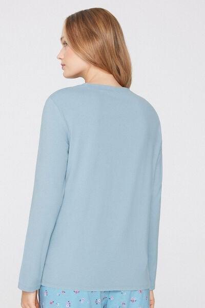 Blue Long-Sleeved Crew Neck Cotton And Modal Shirt, 5701_181Z, large image number 2