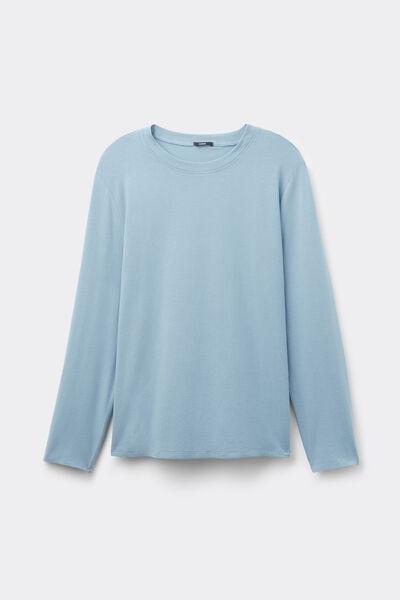 Blue Long-Sleeved Crew Neck Cotton And Modal Shirt, 5701_181Z, large image number 4