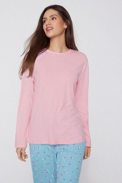 Pink Long-Sleeved Crew Neck Cotton And Modal Shirt, 5701_222Z, large image number 0