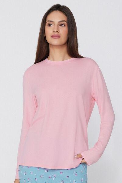 Pink Long-Sleeved Crew Neck Cotton And Modal Shirt, 5701_222Z, large image number 1