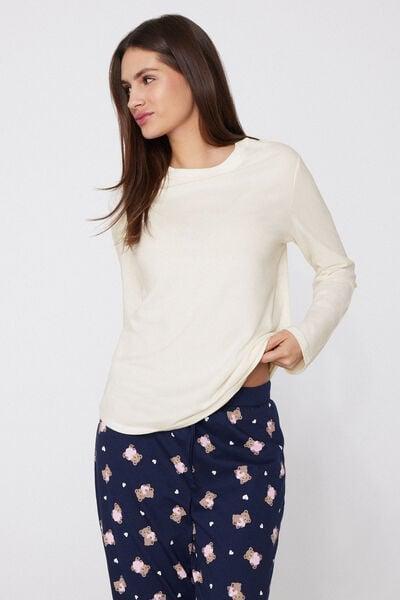 Cream Long-Sleeved Crew Neck Cotton And Modal Shirt, Milk White, large image number 0