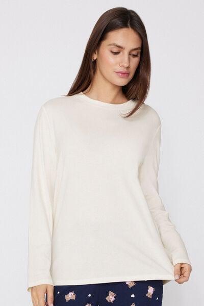 Cream Long-Sleeved Crew Neck Cotton And Modal Shirt, Milk White, large image number 1