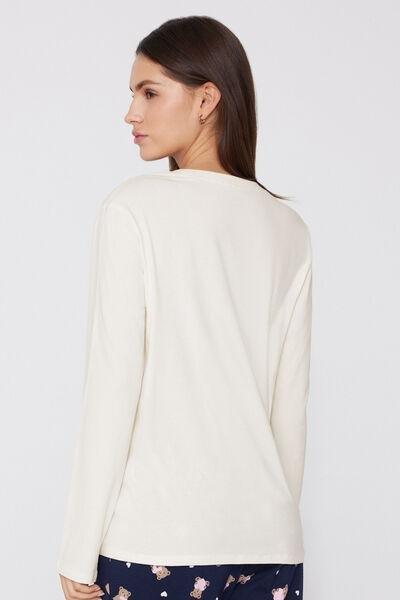 Cream Long-Sleeved Crew Neck Cotton And Modal Shirt, Milk White, medium