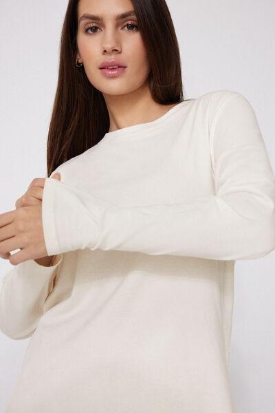 Cream Long-Sleeved Crew Neck Cotton And Modal Shirt, Milk White, large image number 3