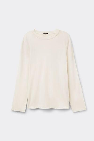 Cream Long-Sleeved Crew Neck Cotton And Modal Shirt, Milk White, large image number 4