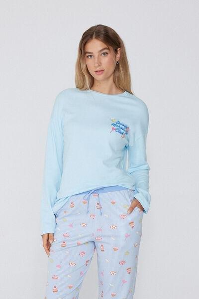 Blue Printed Long-Sleeved Oversized Top, 5701_869W, large image number 0