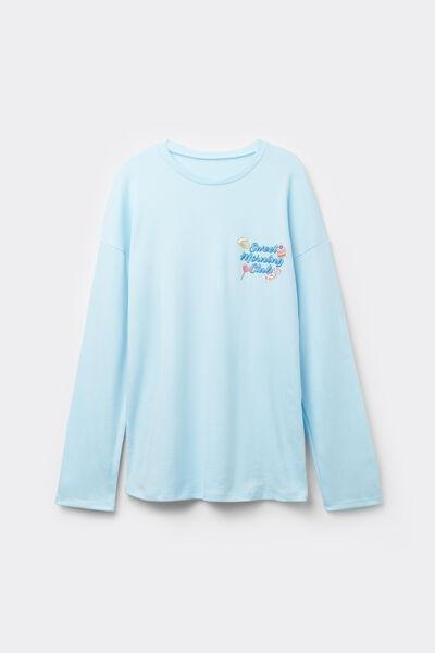 Blue Printed Long-Sleeved Oversized Top, 5701_869W, large image number 3