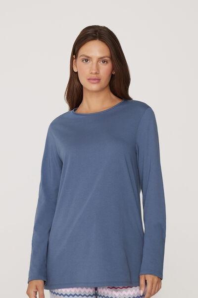 Blue Long Sleeve Cotton Top, , medium