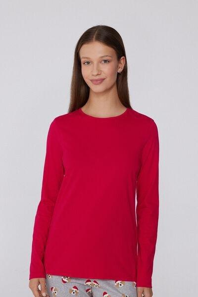 Red Long Sleeve Round Neck 100% Cotton T-Shirt, 5701_873V, large image number 0