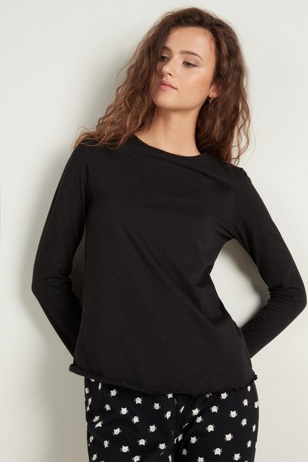 Tezenis - Black Long Sleeve Cotton Top With Rolled Hem, Women