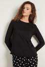 Black Long Sleeve Cotton Top With Rolled Hem, Women
