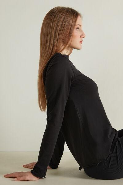 توب قطني بكم طويل أسود بحاشية مل"و"ة ، نسائي, Black, medium
