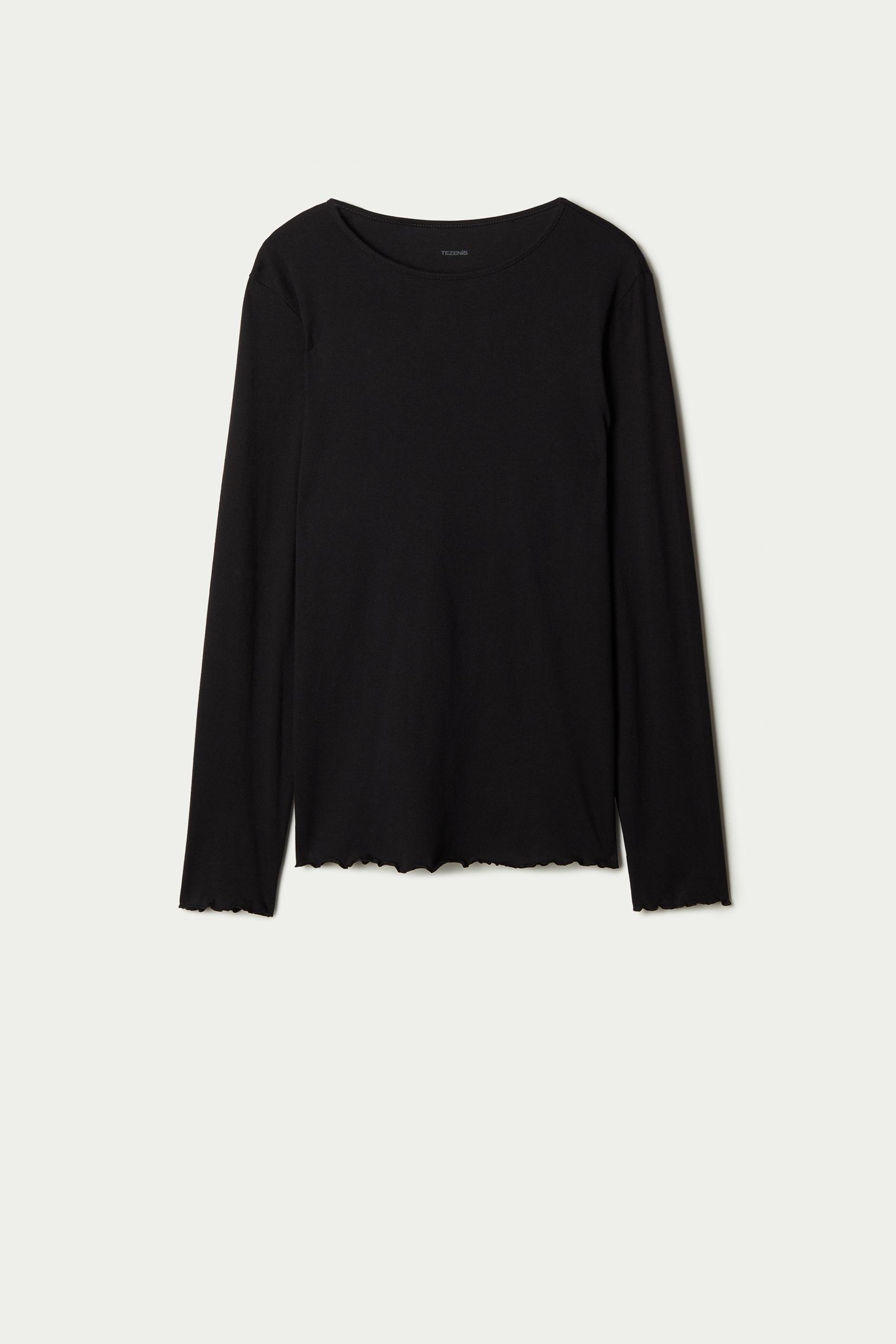 Black Long-Sleeved Rolled Hem Top, Black, large image number 4