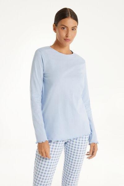 Blue Long Sleeve Cotton Top With Rolled Hem, , large image number 0