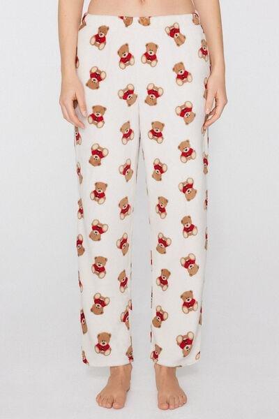 White Teddy Printed Fleece Pyjama Bottoms, 5701_959Y, large image number 1