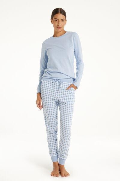 Blue Long Printed Cotton Trousers, , large image number 0