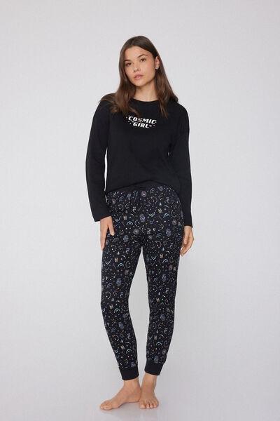 Black Heavy Printed Cotton Joggers, , large image number 1