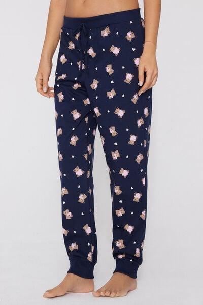 Navy Long Teddy Printed Cotton Drawstring Trousers, 5701_176Z, large image number 1