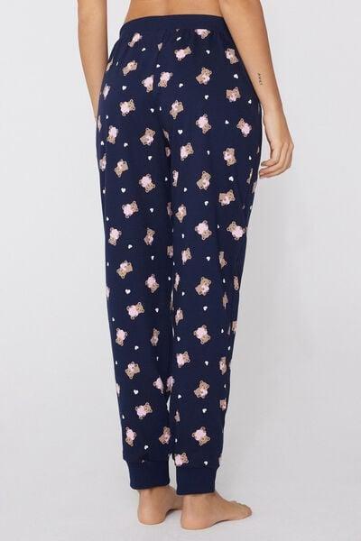 Navy Long Teddy Printed Cotton Drawstring Trousers, 5701_176Z, medium