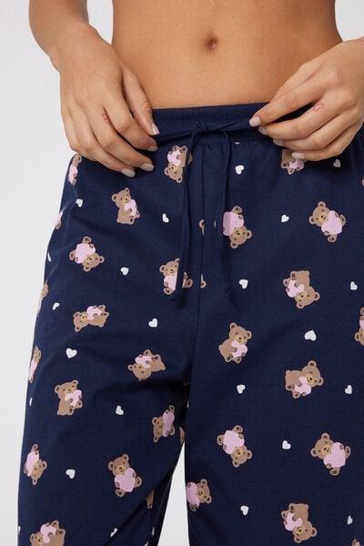 Navy Long Teddy Printed Cotton Drawstring Trousers, 5701_176Z, large image number 3