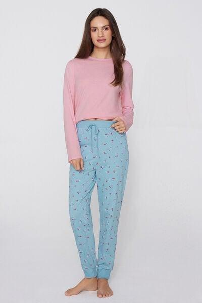 Blue Long Printed Cotton Drawstring Trousers, 5701_182Z, large image number 0