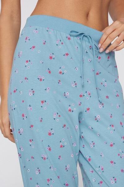 Blue Long Printed Cotton Drawstring Trousers, 5701_182Z, large image number 3