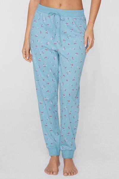 Blue Long Printed Cotton Drawstring Trousers, 5701_182Z, large image number 4