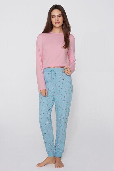 Blue Long Printed Cotton Drawstring Trousers, 5701_182Z, large image number 5