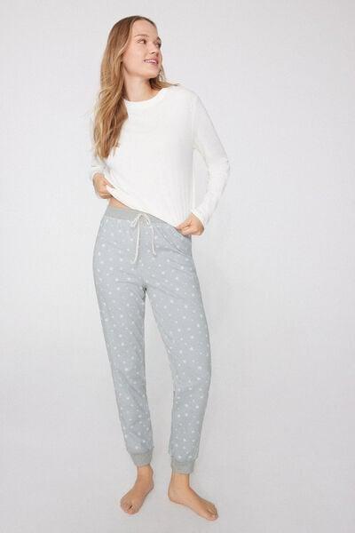 Grey Long Printed Cotton Drawstring Trousers, 5701_196Z, large image number 0