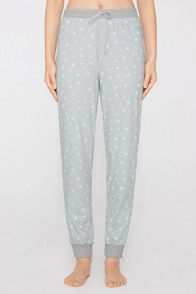 Grey Long Printed Cotton Drawstring Trousers, 5701_196Z, large image number 1