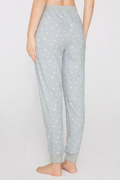 Grey Long Printed Cotton Drawstring Trousers, 5701_196Z, medium