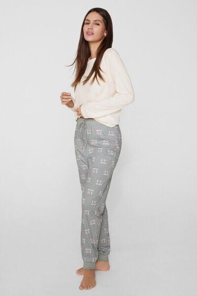 Grey Long Printed Cotton Drawstring Trousers, 5701_225Z, large image number 0