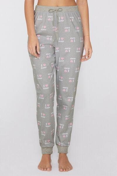 Grey Long Printed Cotton Drawstring Trousers, 5701_225Z, large image number 1
