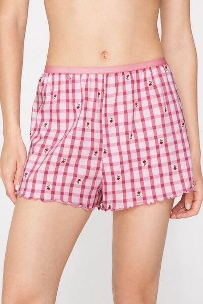 Pink Check Printed Rolled Hem Cotton Shorts, 5701_479Z, large image number 1