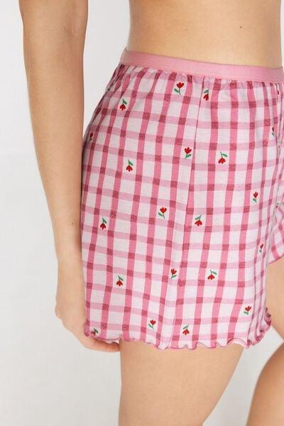 Pink Check Printed Rolled Hem Cotton Shorts, 5701_479Z, large image number 3
