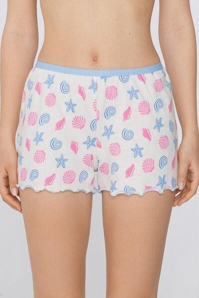 White Rolled Hem Printed Shorts, , medium