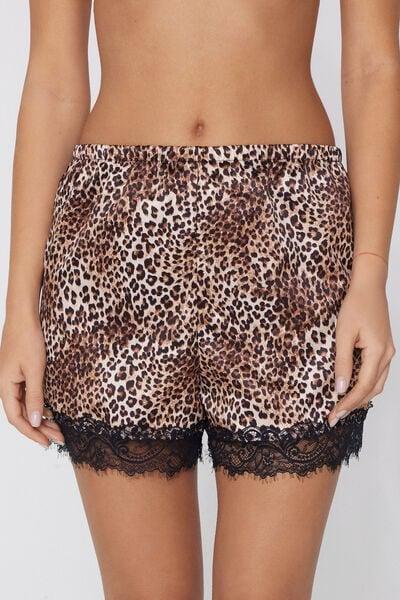 Brown Animal Print Satin And Lace Shorts, 5701_216Z, large image number 1