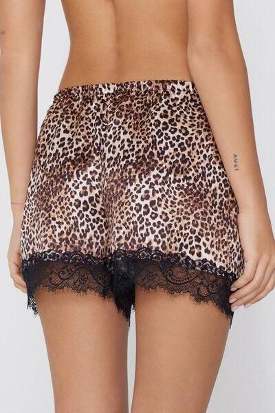Brown Animal Print Satin And Lace Shorts, 5701_216Z, large image number 2