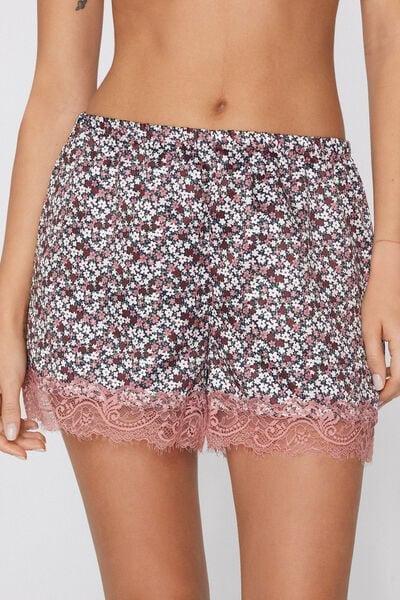 Pink Flower Print Satin And Lace Shorts, 5701_221Z, large image number 1
