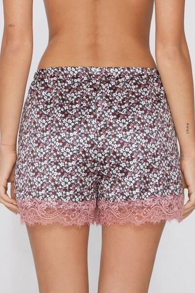 Pink Flower Print Satin And Lace Shorts, 5701_221Z, large image number 2