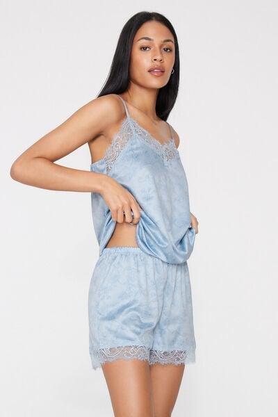 Blue Printed Lace Frill Satin Shorts, 5701_352Z, large image number 0