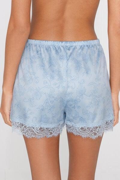 Blue Printed Lace Frill Satin Shorts, 5701_352Z, large image number 2